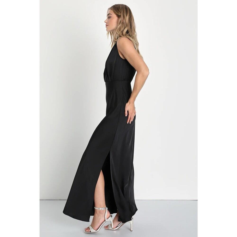 Lulus Classic Elegance Black Satin Sleeveless Mock Neck Maxi Dress Size Medium - Picture 3 of 13